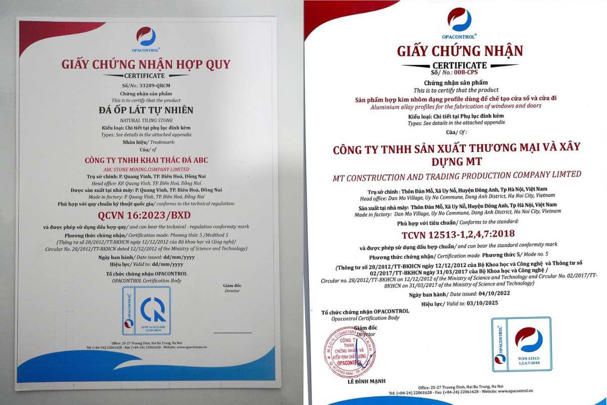 Giấy chứng nhận hợp quy (bên trái), hợp chuẩn (bên phải)