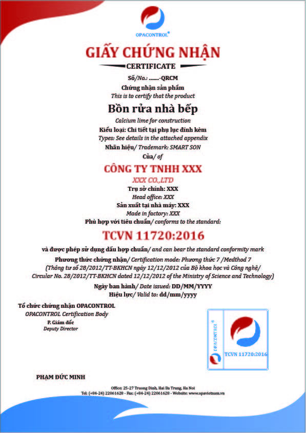 Hình ảnh mẫu giấy chứng nhận sản phẩm Bồn rửa nhà bếp phù hợp tiêu chuẩn TCVN 11720:2016