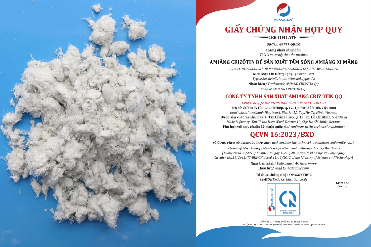 Chứng nhận hợp quy amiăng crizôtin để sản xuất tấm sóng amiăng xi măng