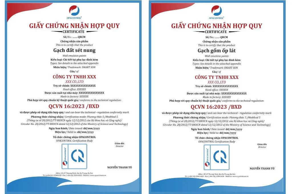 Mẫu giấy chứng nhận hợp quy Opacontrol cung cấp