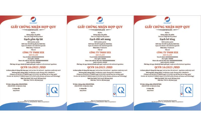 Giấy chứng nhận hợp quy các loại gạch gồm gạch ốp lát, gạch đất sét nung, gạch bê tông tự chèn