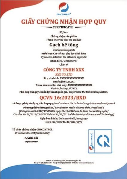 Mẫu giấy hợp quy gạch bê tông tại OPACONTROL