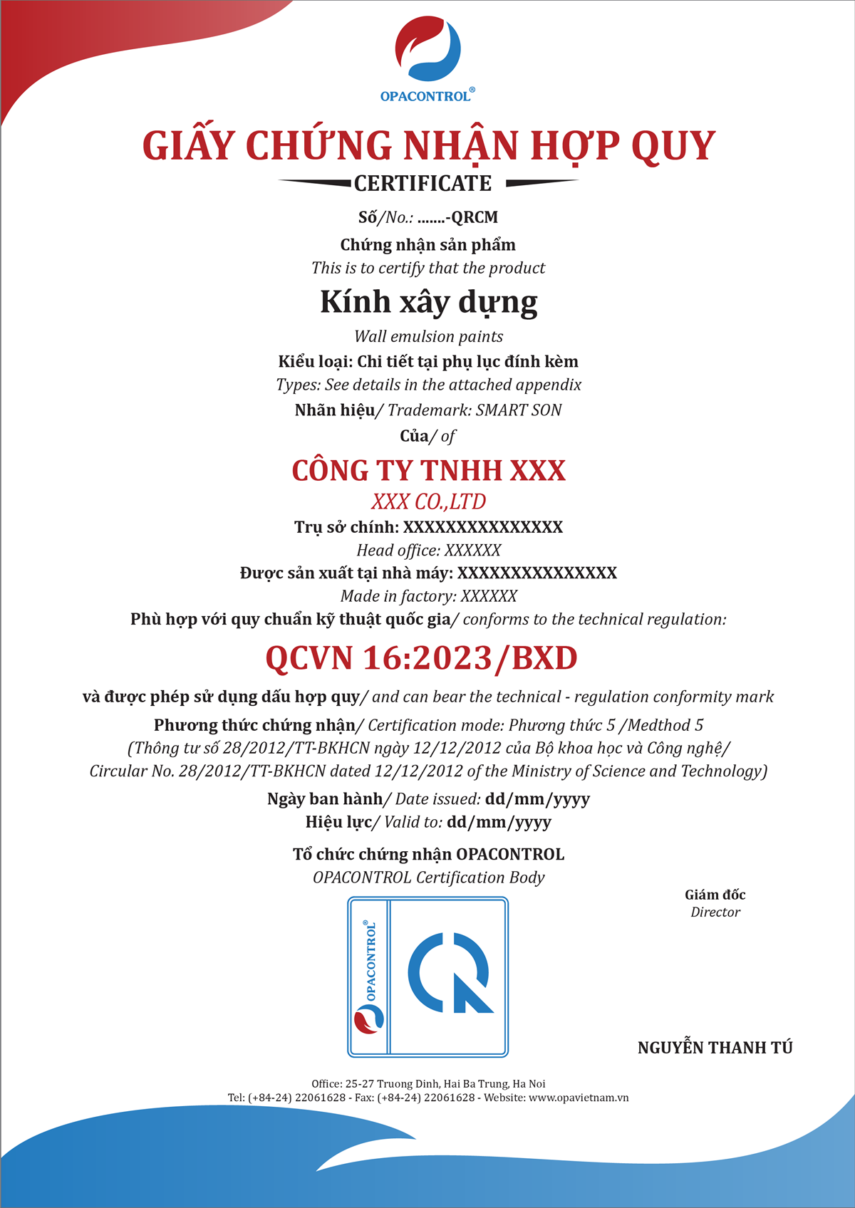 Mẫu giấy chứng nhận hợp quy kính xây dựng theo QCVN 16:2023/BXD