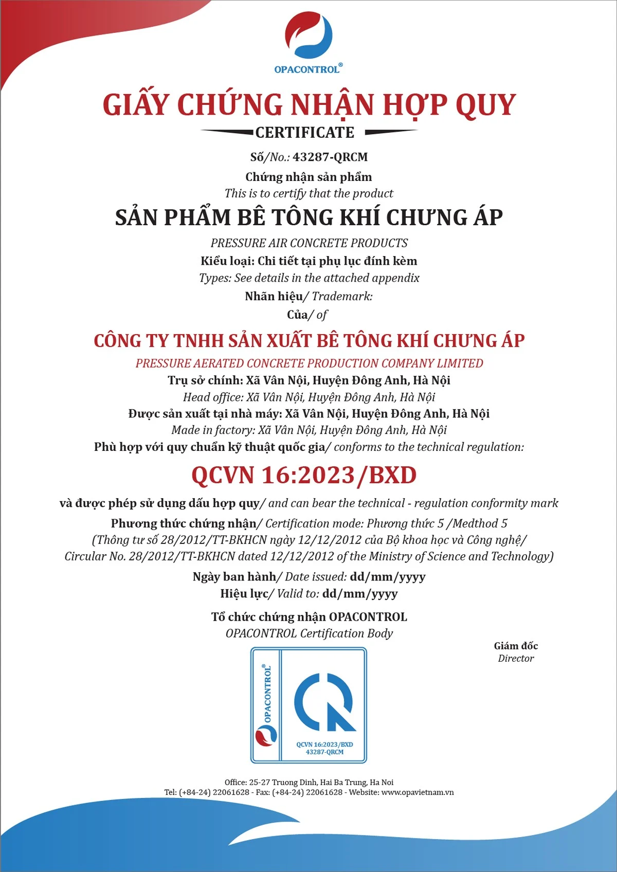 Giấy chứng nhận hợp quy sản phẩm bê tông khí chưng áp theo QCVN 16:2023/BXD