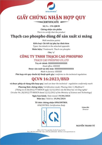 Mẫu giấy chứng nhận hợp quy thạch cao Phospho dùng để sản xuất xi măng