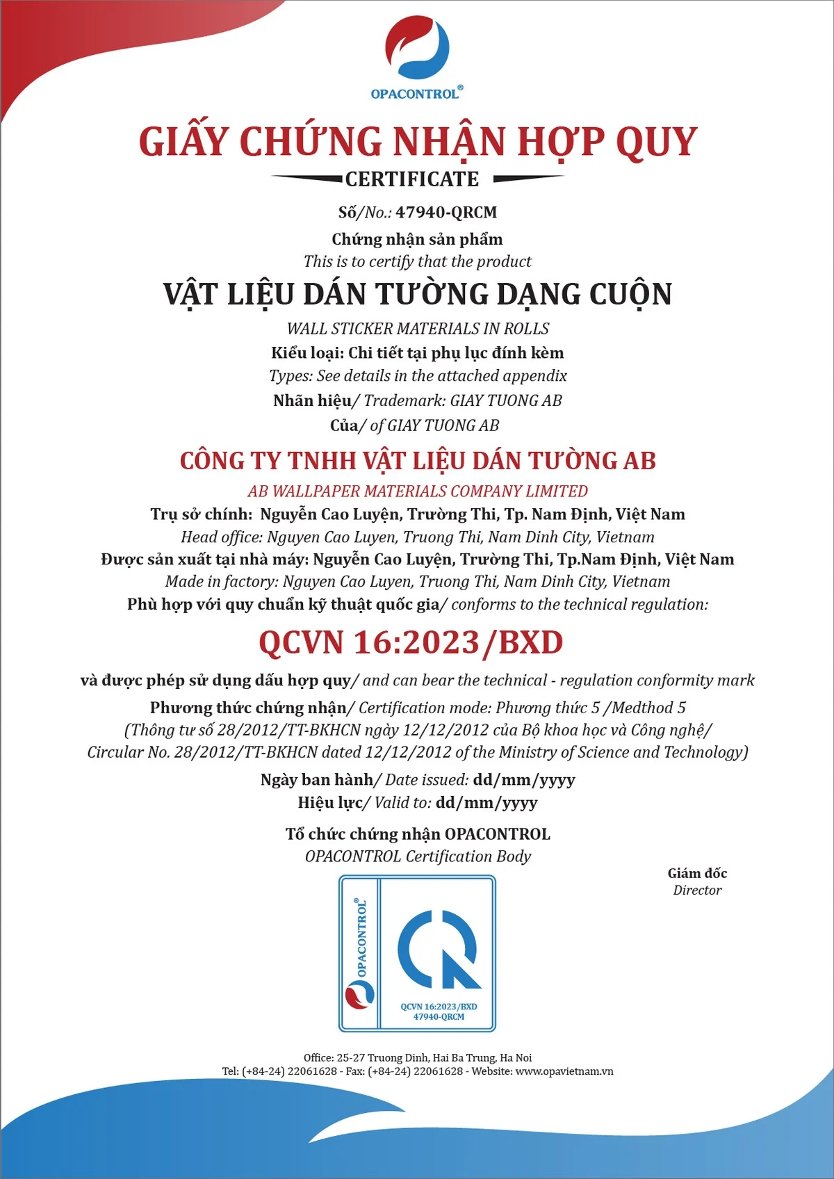 Mẫu giấy chứng nhận hợp quy vật liệu dán tường theo QCVN 16:2023/BXD (Mẫu giấy có tính chất tham khảo, không có giá trị pháp lý)