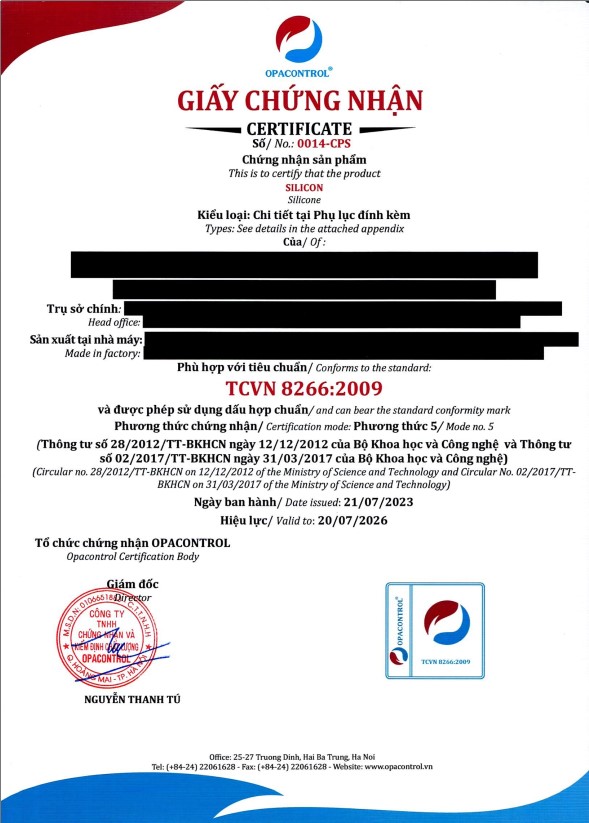 Mẫu giấy chứng nhận hợp chuẩn silicon theo TCVN 8266:2009