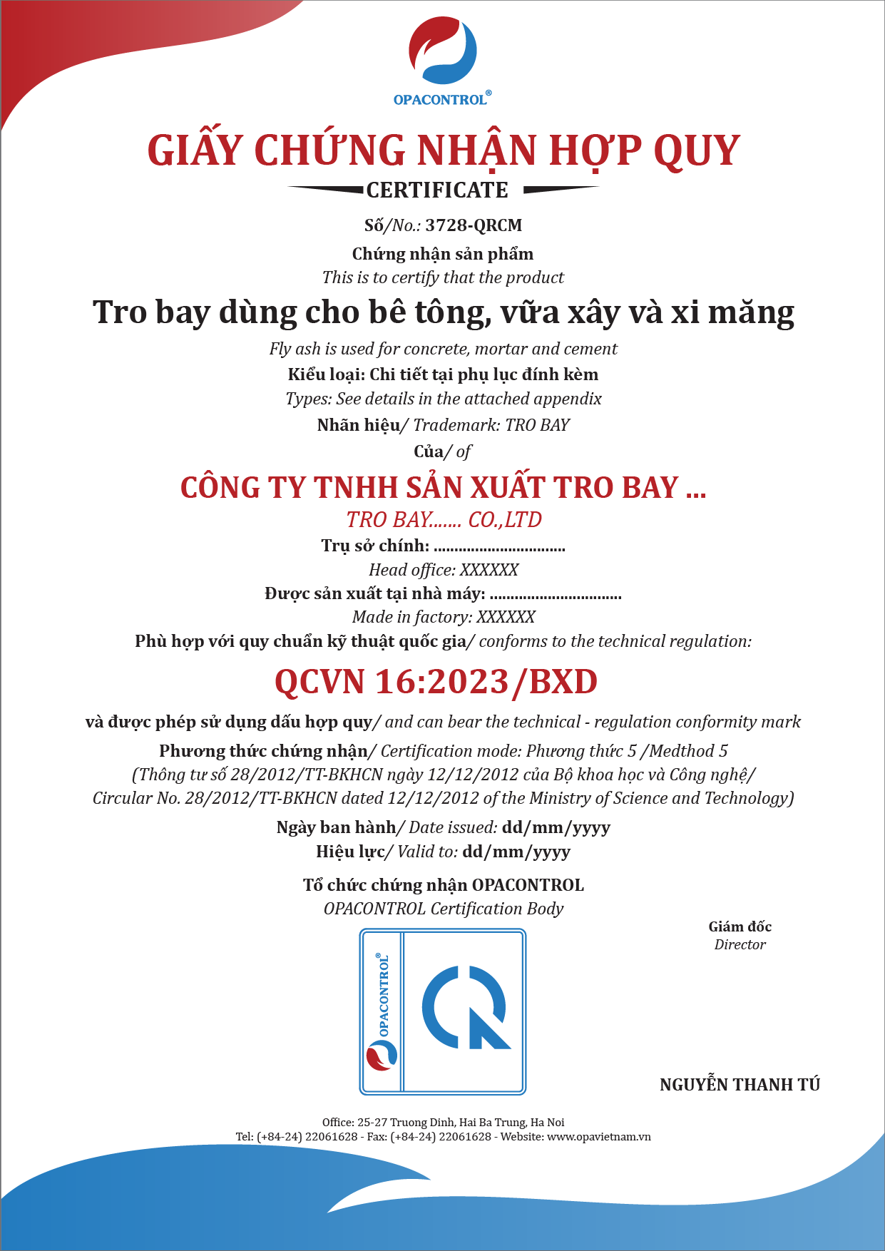 Chứng nhận hợp quy tro bay tại OPACONTROL