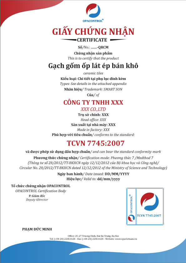 Mẫu giấy chứng nhận hợp chuẩn gạch gốm ốp lát ép bán khô( Phương thức 7)