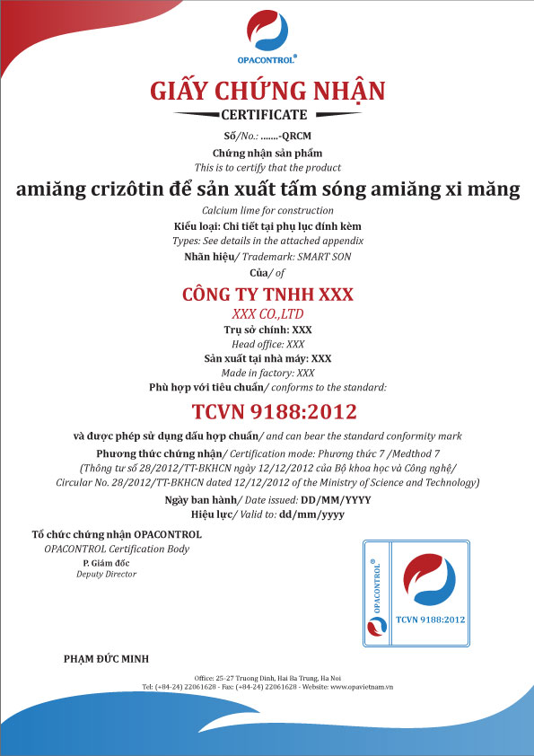 Mẫu giấy chứng nhận hợp chuẩn amiang Crizoton (Phương thức 5)