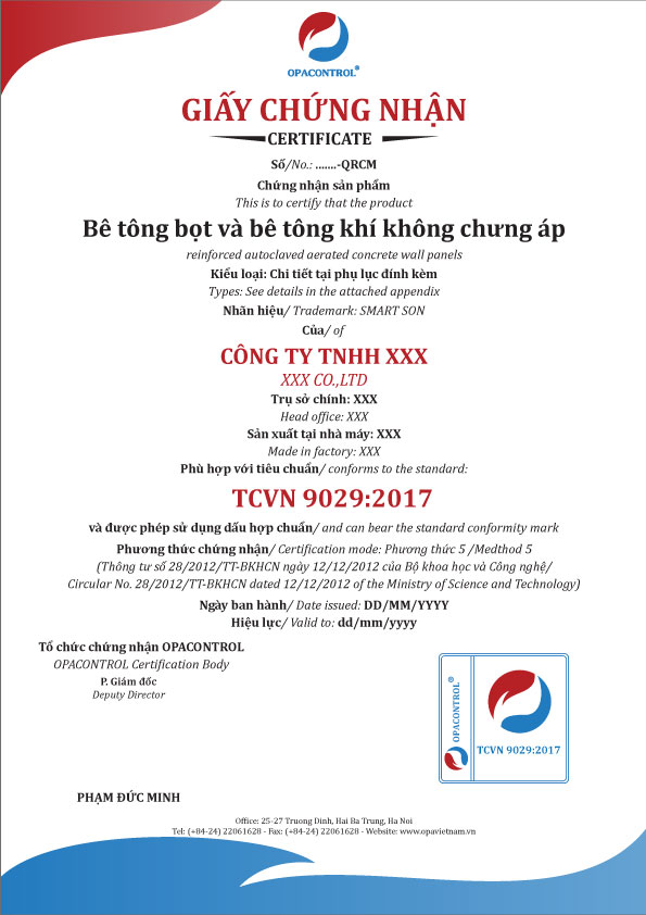 Mẫu giấy chứng nhận hợp chuẩn Bê tông bọt và bê tông khí (Phương thức 7)