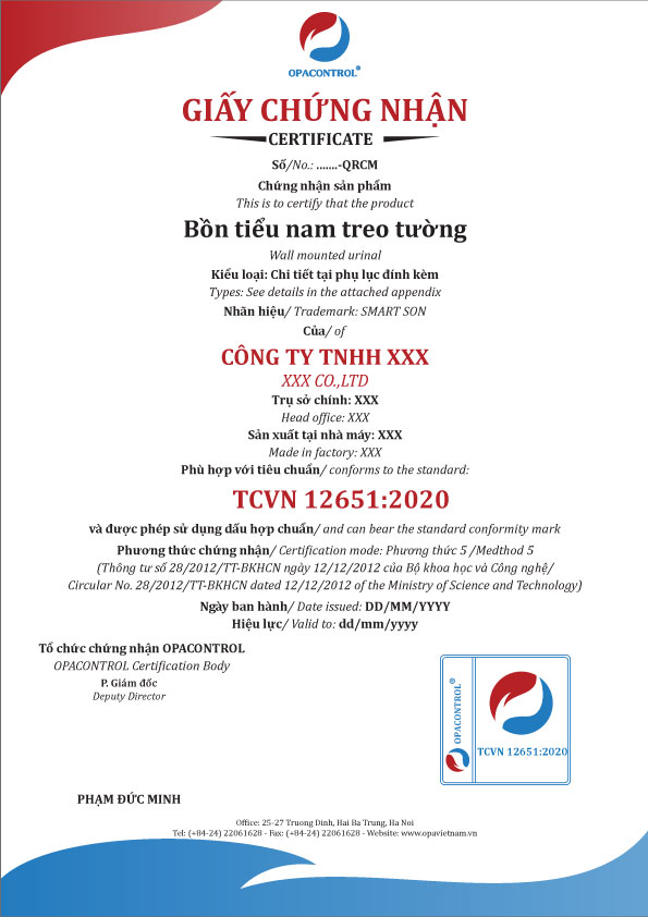 Mẫu giấy chứng nhận hợp chuẩn bồn tiểu nam treo tường (Phương thức 5)