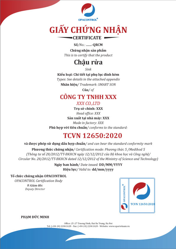Mẫu giấy chứng nhận hợp chuẩn chậu rửa (Phương thức 5)