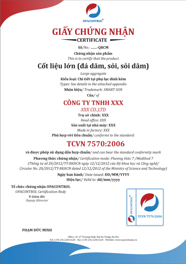 Mẫu giấy chứng nhận hợp chuẩn cốt liệu lớn