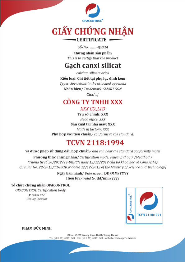 Mẫu giẫy chứng nhận hợp chuẩn Gạch canxi silicat (Phương thức 7)