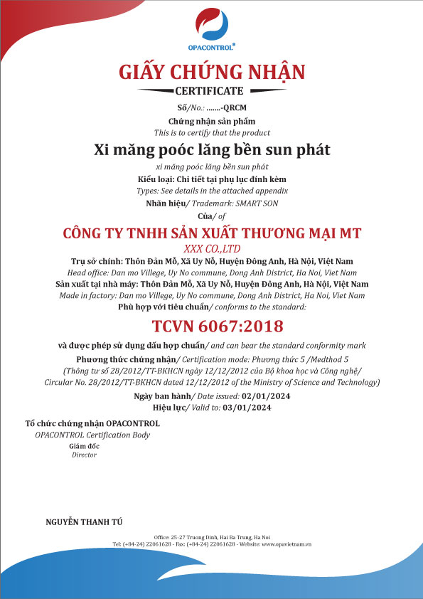 Mẫu giấy CNHC Xi măng pooclăng pudơlan theo TCVN 4033:1995