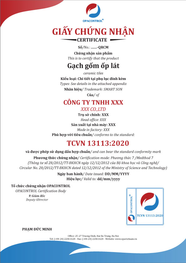Mẫu giấy chứng nhận hợp chuẩn gạch gốm ốp lát theo TCVN 13113:2020 (Phương thức 7)